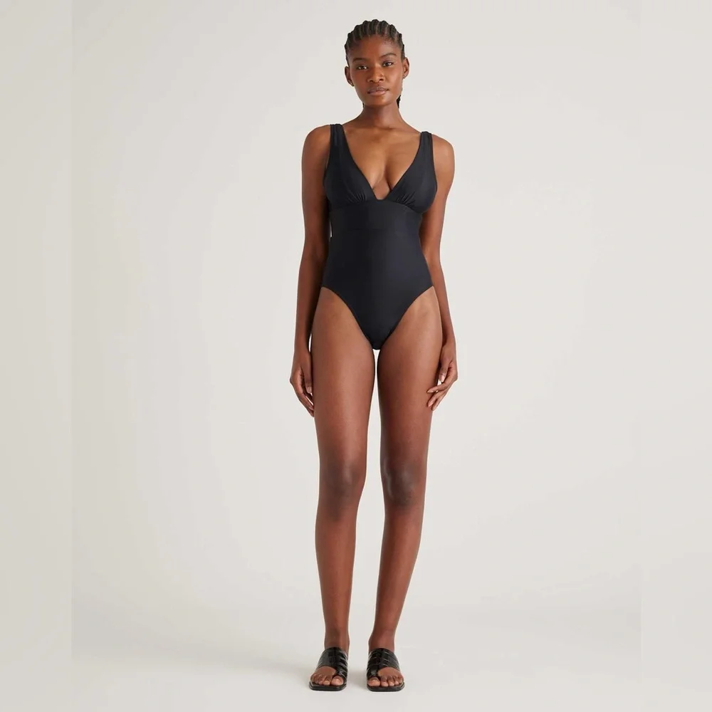Quince Italian Plunge Neckline Swimsuit One Piece Black NEW